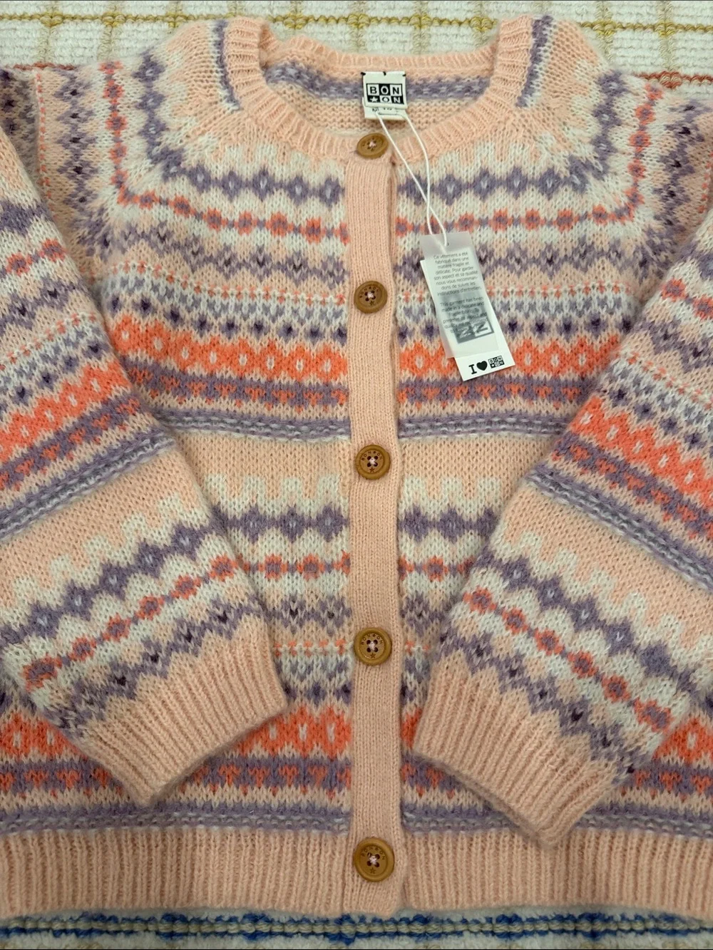 NWT Girls Bonton Pink Fair Isle Knit Cardigan with Purple Pink and Coral Accents